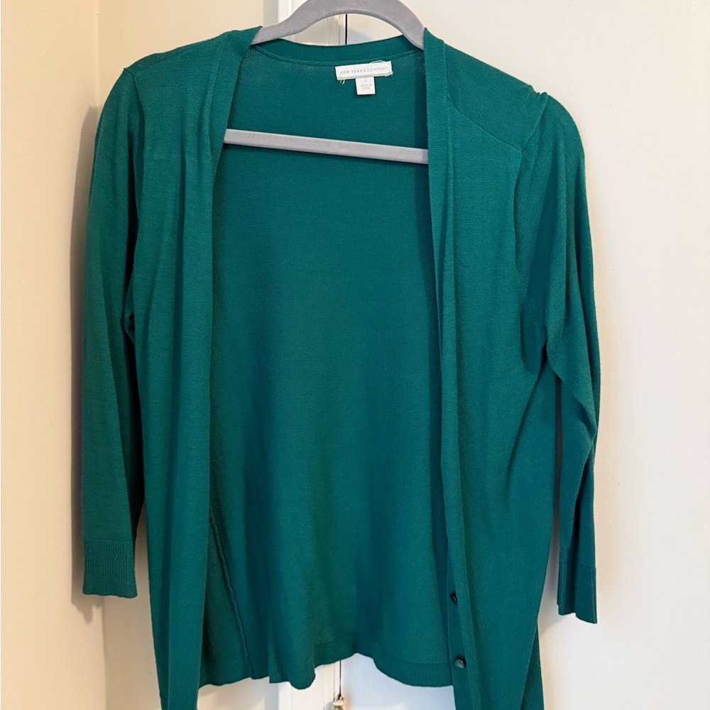 New York & Company Teal Open-Front Cardigan